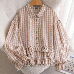 SHEIN Tan Plaid Ruffle Blouse